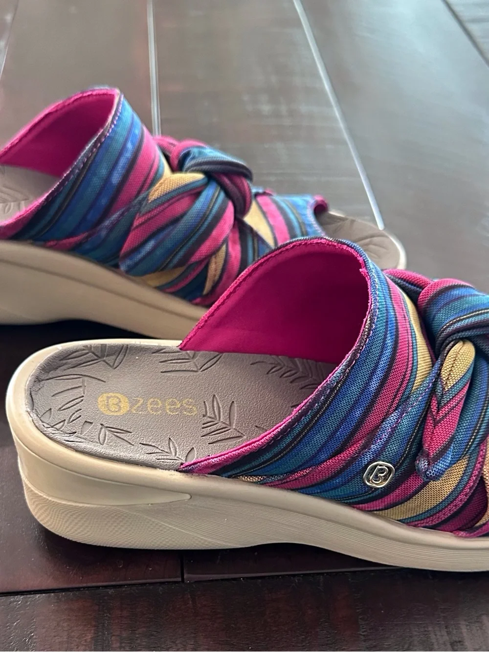 Bzees Striped Knot Slide Sandals - Blue, Pink, Gold
